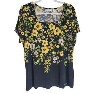 Susan Graver Liquid Knit Top Women's Large Black Floral Square Neck Short Sleeve
